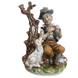 Large Capodimonte Figurine Man on a Bench With Dog And Wine Signed & Tagged Mark